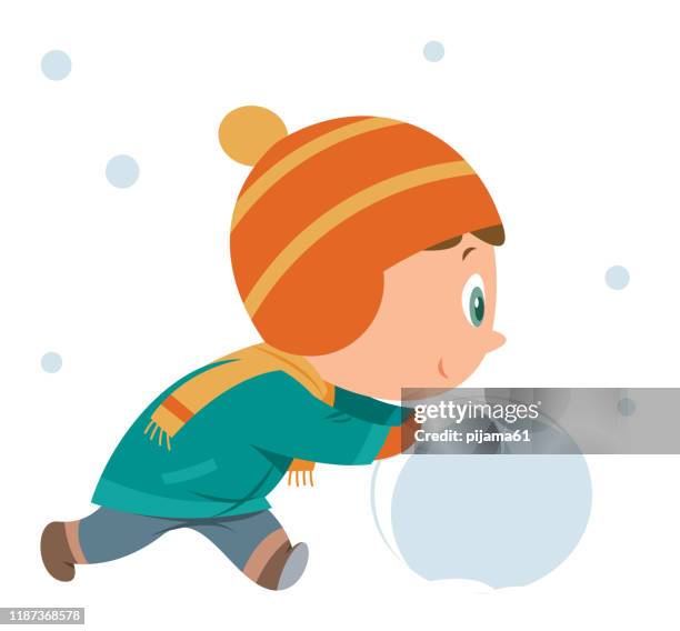 junge macht schneemann - schneemann stock-grafiken, -clipart, -cartoons und -symbole