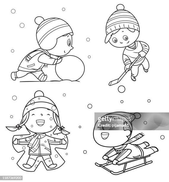 coloring book, happy childrens playing in winter games - coloring stock illustrations