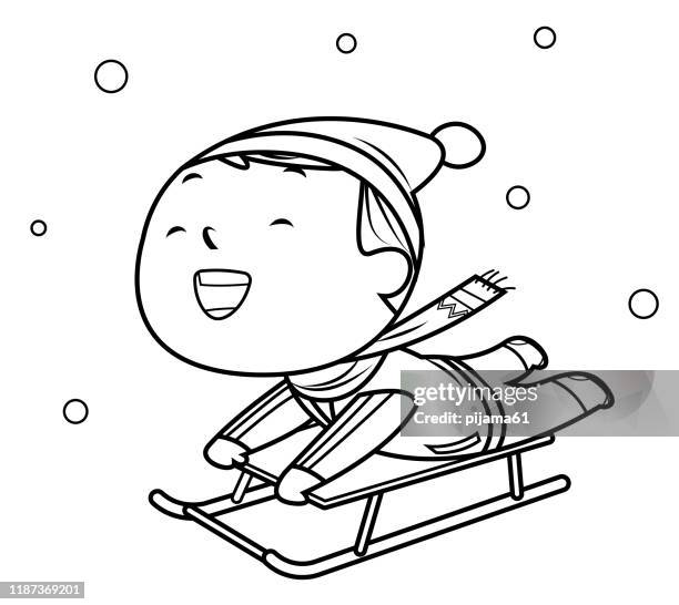 coloring book, little boy on a sled - colouring stock illustrations