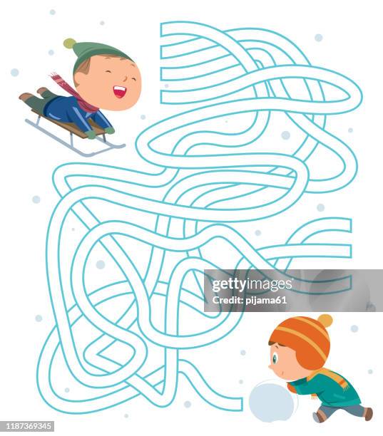 maze, children sliding and making snowmen - building snowman stock illustrations