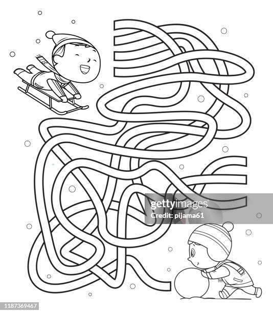 ilustrações de stock, clip art, desenhos animados e ícones de maze, kids sliding and making snowmen - activity