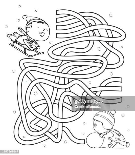 maze, kids sliding and making snowmen - coloring in stock illustrations