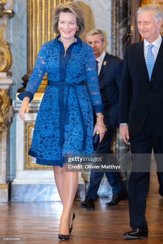 King Philippe Of Belgium And Queen Mathilde Attends The Award Honorary Decorations Ceremony At The Royal Palace In Brussels