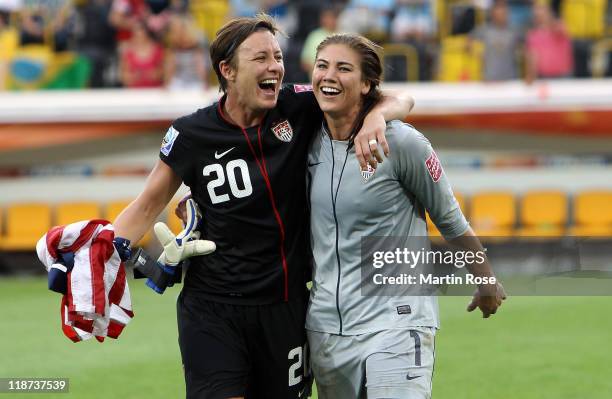 Abby Wambach and Hope Solo , goalkeeper of USA celebrate their victory after penalty shoot out during the FIFA Women's World Cup 2011 Quarter Final...