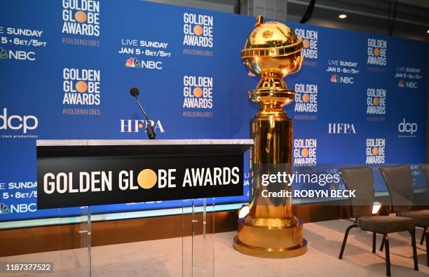 Golden Globe trophies are set on stage ahead of the 77th Annual Golden Globe Awards nominations announcement at the Beverly Hilton hotel in Beverly...