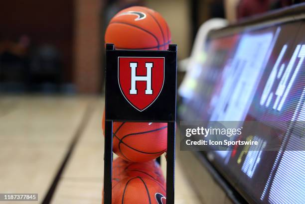 General view of the Harvard Crimson logo on a ball racket during a college basketball game between UMass Minutemen and Harvard Crimson on December 7...