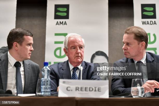 World Anti-Doping Agency President-Elect Witold Banka, WADA President Craig Reedie and WADA Director General Olivier Niggli attend a press conference...