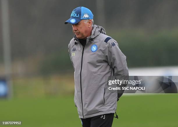 Carlo Ancelotti of Napoli during an SSC Napoli training session on December 9, 2019 in Naples, Italy.