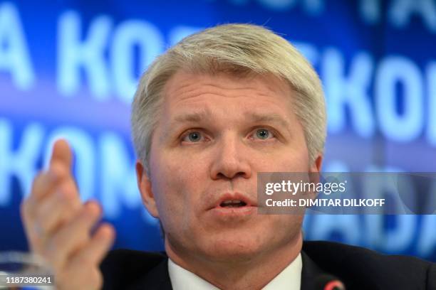 Russian Sports Minister Pavel Kolobkov holds a press conference in Moscow on December 9, 2019. - Russia will miss next year's Tokyo Olympics and the...