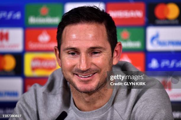 Chelsea's English head coach Frank Lampard attends a press conference at Chelsea's Cobham training facility in Stoke D'Abernon, southwest of London...