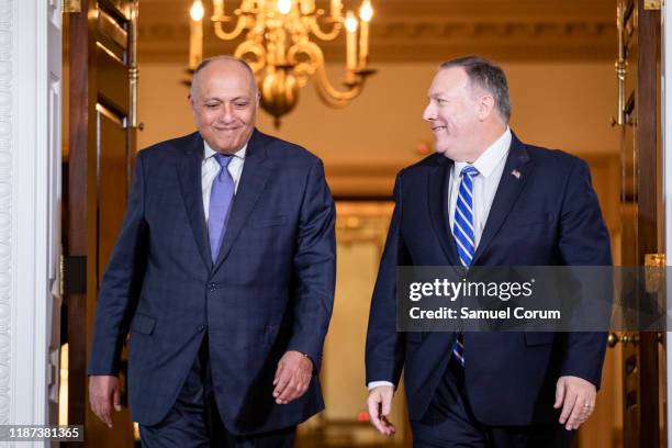 Secretary of State Mike Pompeo meets with Egyptian Foreign Minister Sameh Shoukry at the U.S. Department of State on December 9, 2019 in Washington,...