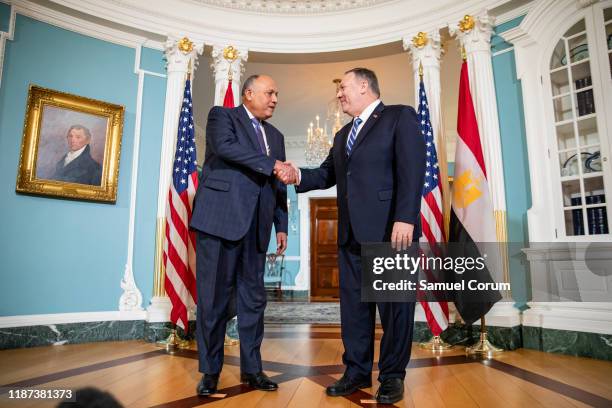 Secretary of State Mike Pompeo meets with Egyptian Foreign Minister Sameh Shoukry at the U.S. Department of State on December 9, 2019 in Washington,...