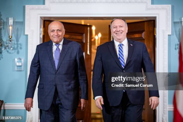 Secretary of State Mike Pompeo meets with Egyptian Foreign Minister Sameh Shoukry at the U.S. Department of State on December 9, 2019 in Washington,...