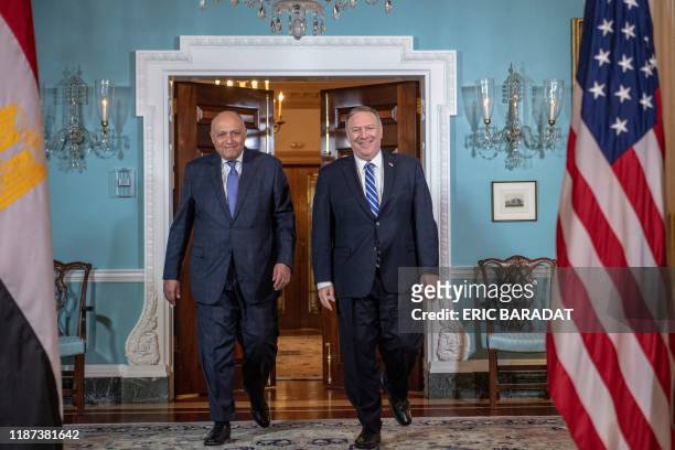 Secretary of State Mike Pompeo arrives with Egyptian Foreign Minister Sameh Shoukry, at the Department of State on December 9, 2019 in Washington, DC.