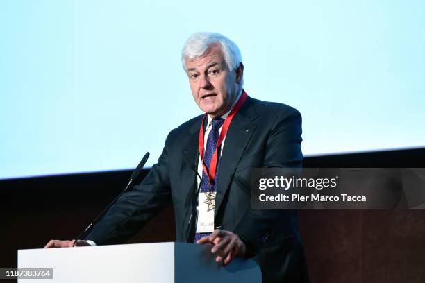 Of Leonardo S.p.A. Alessandro Profumo speaks during the Leonardo Da Vinci New Galleries Opening at Museo Nazionale della Scienza e Tecnologia...