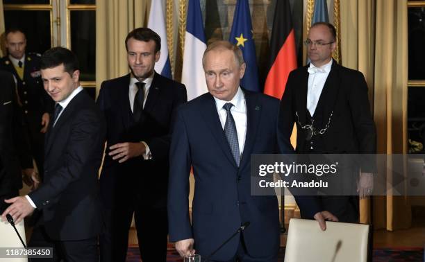 French President, Emmanuel Macron, Russian President Vladimir Putin and the President of Ukraine, President of Ukraine Volodymyr Zelensky attend...