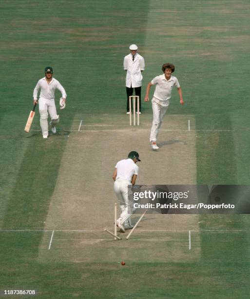 Dirk Wellham of Australia is bowled for 24 runs by Bob Willis of England during the 6th Test match between England and Australia at The Oval, London,...