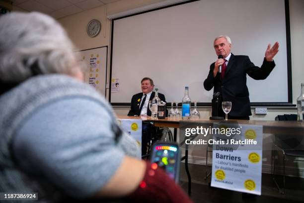 Labour party Shadow Chancellor, John McDonnell, speaks at a 'Disabled people for a Labour victory' rally on December 9, 2019 in London, England. At...