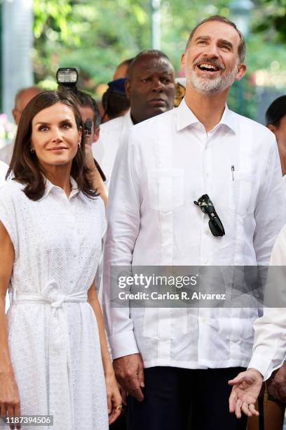 King Felipe VI of Spain and Queen Letizia of Spain visit Templete, Plaza de Armas and Palacio de los Capitanes Generales on November 13, 2019 in La...