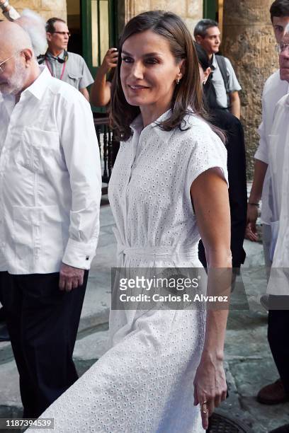 Queen Letizia of Spain visits Templete, Plaza de Armas and Palacio de los Capitanes Generales on November 13, 2019 in La Havana, Cuba. King Felipe VI...