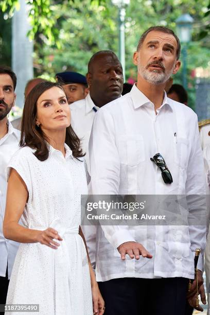 King Felipe VI of Spain and Queen Letizia of Spain visit Templete, Plaza de Armas and Palacio de los Capitanes Generales on November 13, 2019 in La...