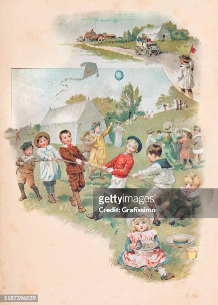 kinder spielen im freien springen seil schlepper des krieges 1900 - springseil stock-grafiken, -clipart, -cartoons und -symbole