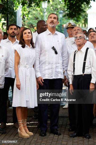 King Felipe VI of Spain and Queen Letizia of Spain visit Templete, Plaza de Armas and Palacio de los Capitanes Generales on November 13, 2019 in La...