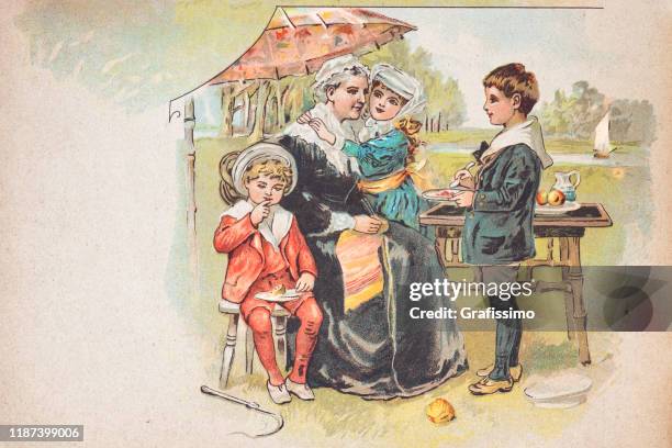 stockillustraties, clipart, cartoons en iconen met drie kinderen met grootmoeder picknick buitenshuis 1900 - edwardiaanse stijl