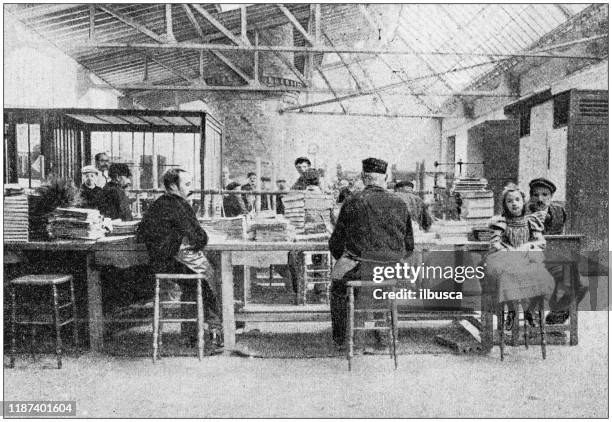 antique photo: workshop - two students working stock illustrations