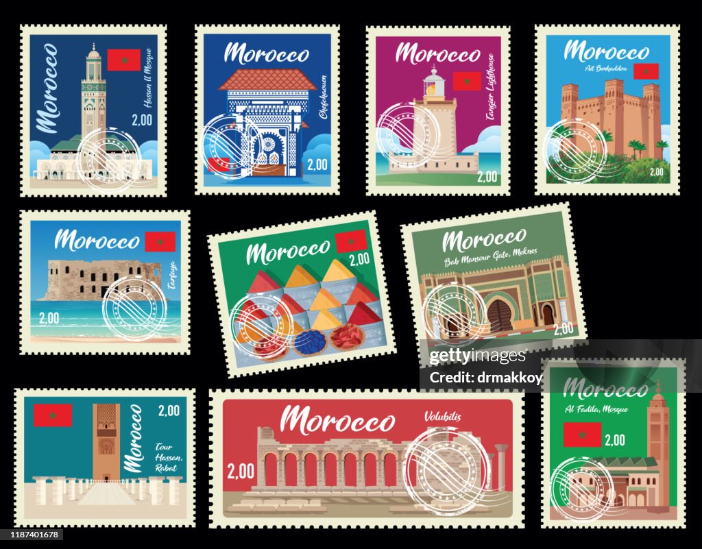 MOROCCO STAMPS, Casablanca, Rabat, Fes, Sale, Marrakesh, Agadir, Tangier, Meknes, Oujda-Angad, Al Hoceima, Kenitra, Tetouan, Temara, Safi, Mohammedia, Khouribga, Hassan 2 Mosque, Mosque Al Fadila, Hassan Tower, Rabat, Volubilis, Bab Mansour Gate, Meknes