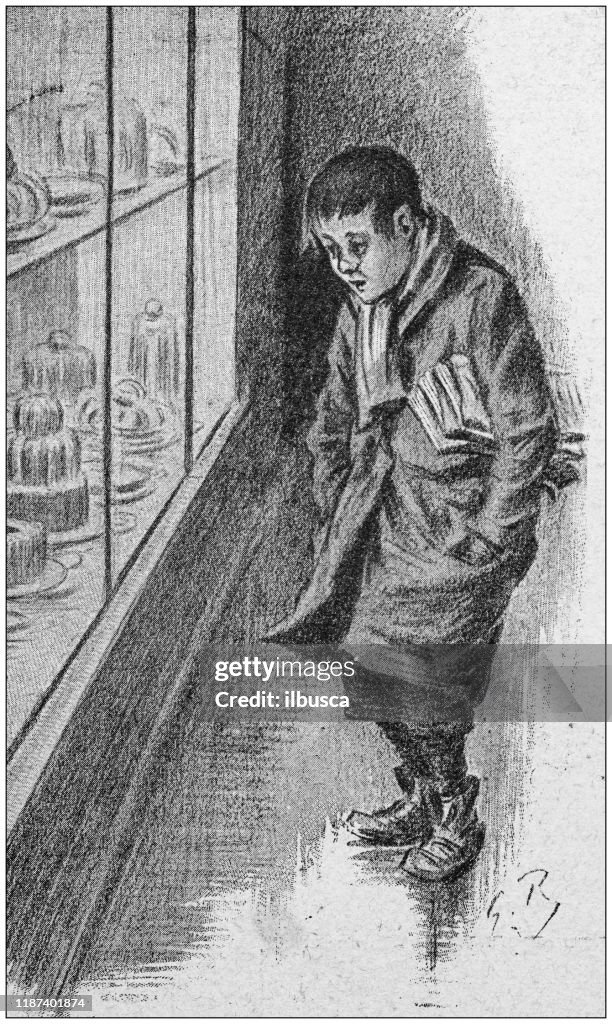 Antique illustration: Christmas story, poor boy helped by angels