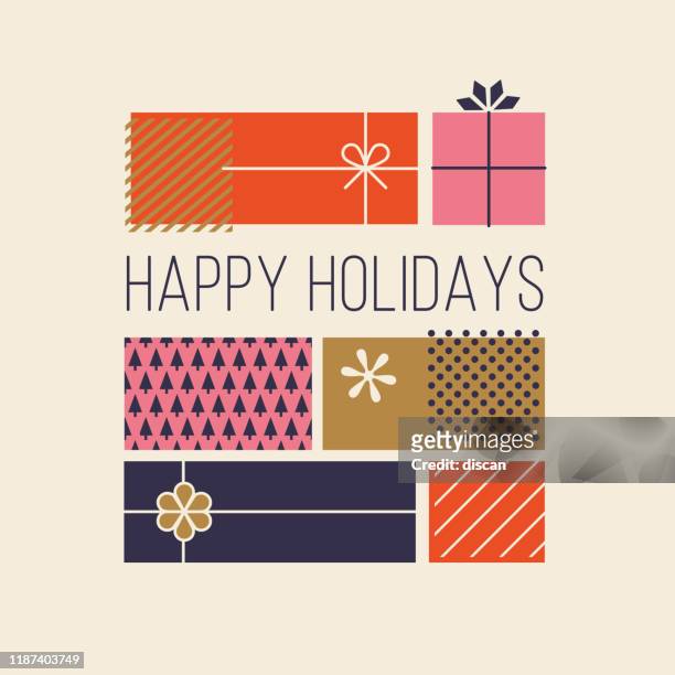 frohe feiertage grußkarten mit geschenk-boxen. - geschenkkarton stock-grafiken, -clipart, -cartoons und -symbole