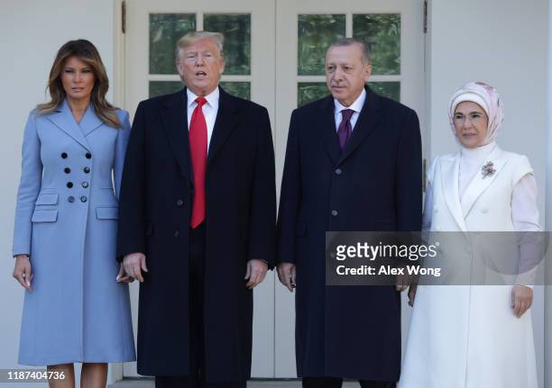 President Donald Trump and first lady Melania Trump welcome Turkish President Recep Tayyip Erdogan and his wife Emine Erdogan upon their arrival at...