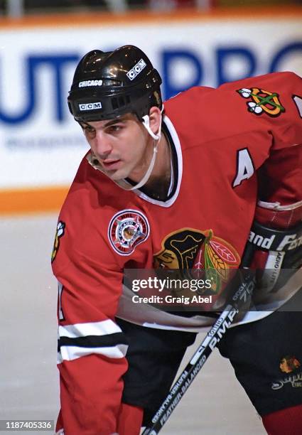 Chris Chelios of the Chicago Blackhawks skates against the Toronto Maple Leafs during NHL game action on March 26, 1991 at Maple Leaf Gardens in...