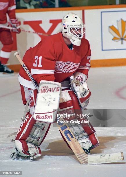Alain Chevrier of the Detroit Red Wings skates against the Toronto Maple Leafs during NHL game action on February 2, 1991 at Maple Leaf Gardens in...
