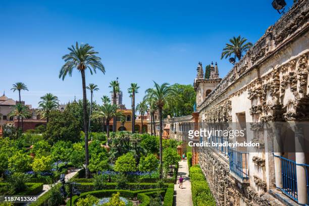 beautiful gardens in the royal alcázar palace in seville spain - seville stock pictures, royalty-free photos & images