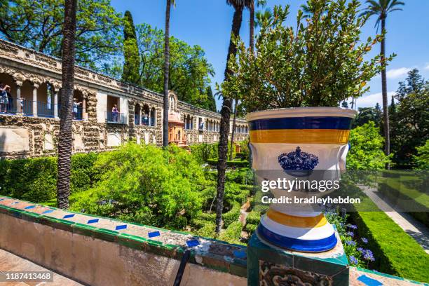 beautiful gardens in the royal alcázar palace in seville spain - seville landscape stock pictures, royalty-free photos & images