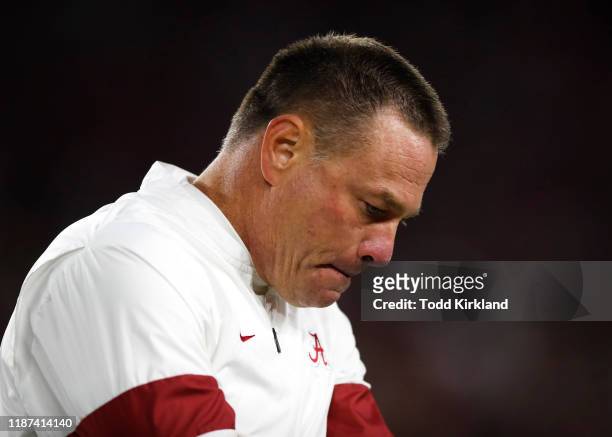 Alabama Crimson Tide offensive analyst Butch Jones reacts during the second half against the LSU Tigers at Bryant-Denny Stadium on November 9, 2019...