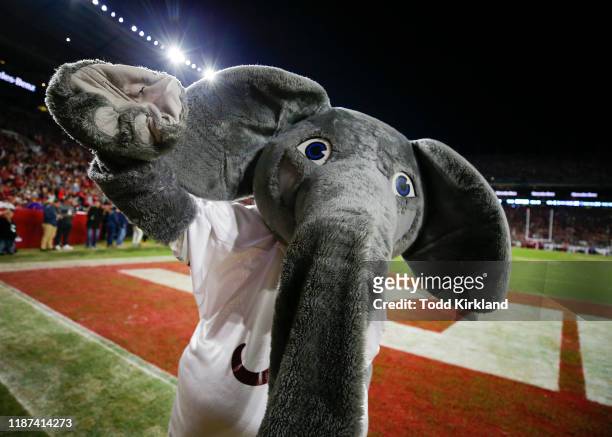 Alabama Crimson Tide mascot Big Al waves to fans during the second half against the LSU Tigers at Bryant-Denny Stadium on November 9, 2019 in...