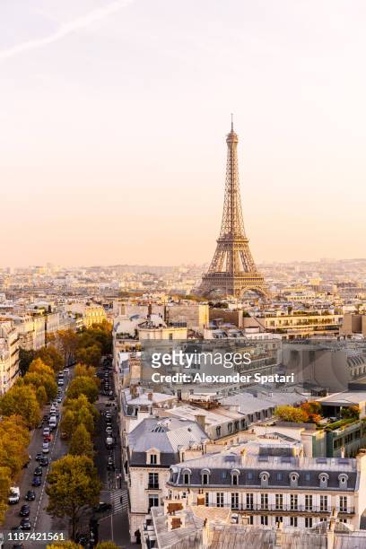 eiffel tower and paris skyline at sunset, france - paris bildbanksfoton och bilder
