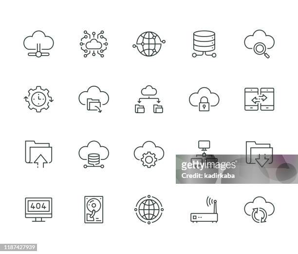 ilustraciones, imágenes clip art, dibujos animados e iconos de stock de conjunto de iconos de línea de tecnología de datos en la nube - servidor de seguridad