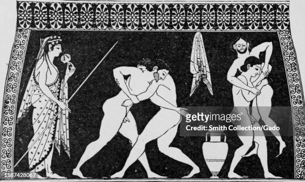 Illustration from ancient Greece of wrestlers participating in a sporting event, such as the Olympic Games, 1910. Courtesy Internet Archive.