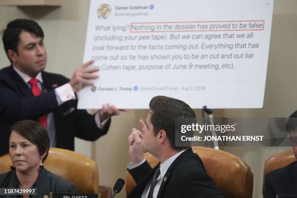 House Judiciary Committee Republican member Rep. Matt Gaetz questions Democratic staff attorney Daniel Goldman about one of his tweets about the...