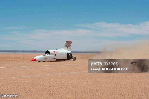 The jet-propelled British Bloodhound LSR car drives at about 560km/h to test the air-brakes, visible towards the back of the car, on November 14...