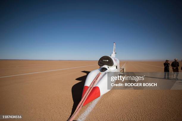 The jet-propelled British Bloodhound LSR car after a run of about 900km/h, on November 15 during preliminary tests at Hakskeenpan in the Northern...