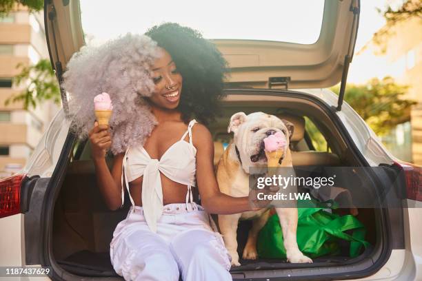 funky woman sharing ice cream with english bulldog. - woman ice cream stock pictures, royalty-free photos & images