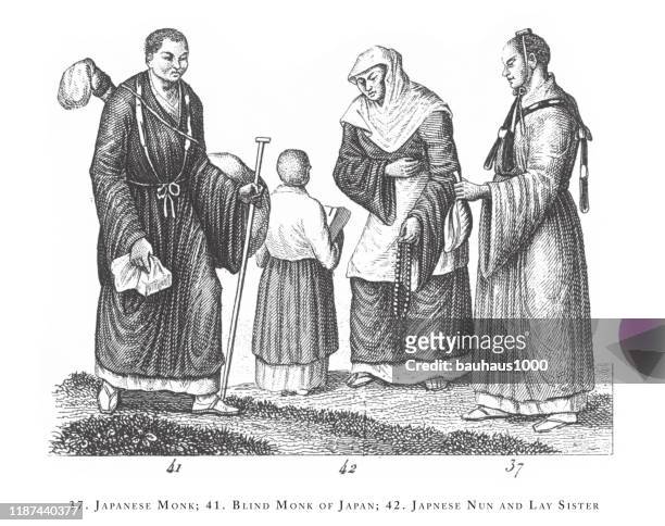 japanese monk, blind monk of japan, japanese nun and lay sister, engraved antique, rites and religious figures and paraphernalia of the far east engraving antique illustration, published 1851 - nun with ruler stock illustrations