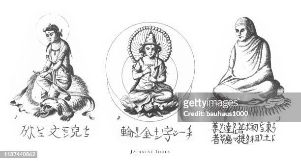 japanese idols, religious scenes, symbols and figures of china, japan and indonesia engraving antique illustration, published 1851 - buddhist goddess stock illustrations