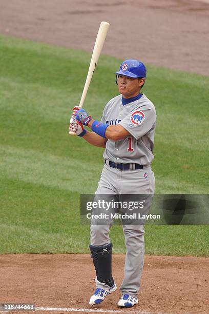 Kosuke Fukudome of the Chicago Cubs looks on during a baseball game against the Washington Nationals at Nationals Park on July 4, 2011 in Washington...
