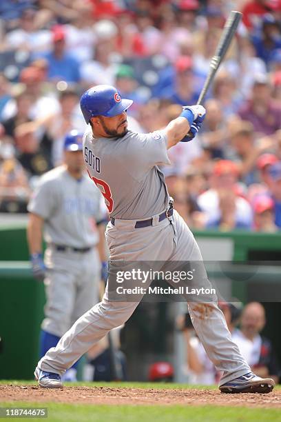 Geovany Soto of the Chicago Cubs takes a swing during a baseball game against the Washington Nationals at Nationals Park on July 4, 2011 in...